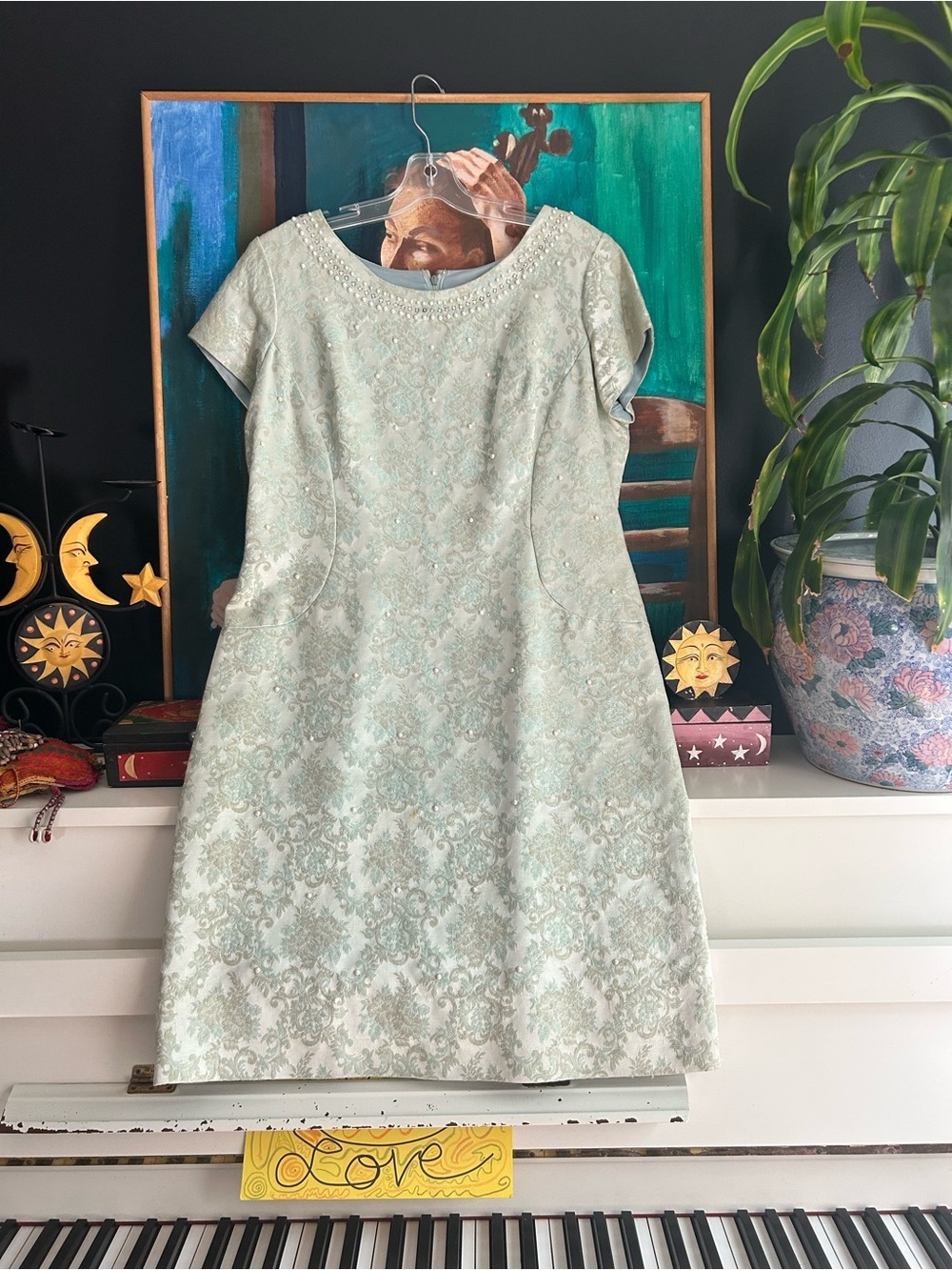 Vintage A Lawrence Dress Blue Jacquard Pearl Rhinestone Formal Midi Dress